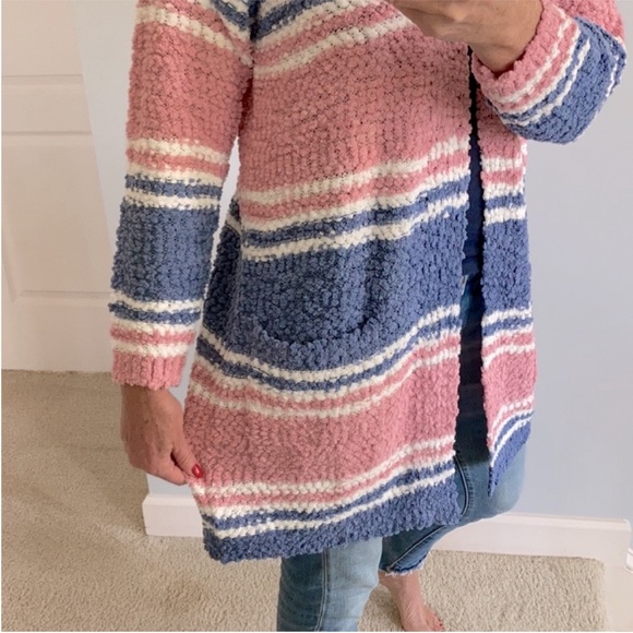 Pink, Blue & Off White Stripe Popcorn Texture Open Cardigan - Picture 7 of 10